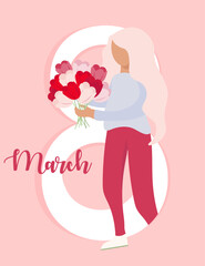 International Women's Day greeting card with realistic tulips. Vector illustration.Women with huge peonies.