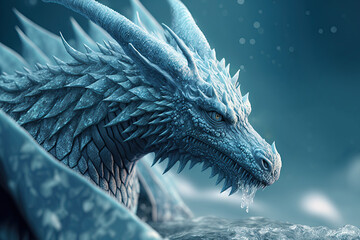 Blue frost giant dragon with scales on winter background. Mythological creature. Generative AI © Maxim Stepanov