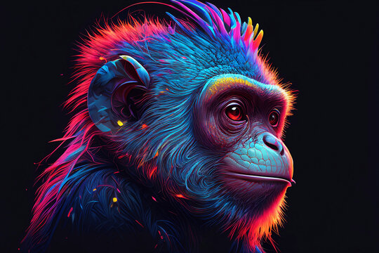 Colorful monkey, vibrant neon colors, artwork, poster