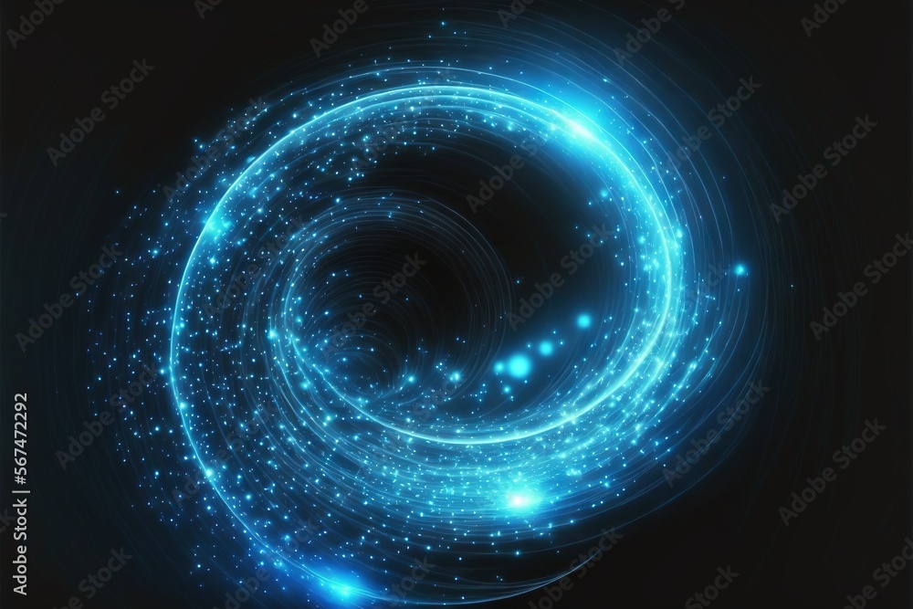 Poster an abstract blue background with a circular shape and stars in the middle of the image, with a black