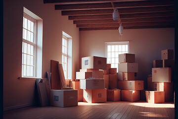 Umzug in eine neue Wohnung oder einen neuen Haus. Umzugskartons stehen in einem leeren Raum - Generative Ai