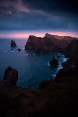 São Lourenço , a drone view of the landscape and a cliff rising above the ocean, where you can see the folds,