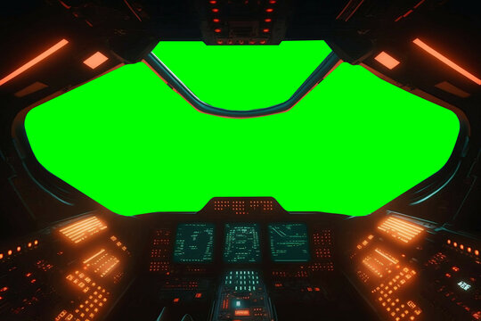 view from cockpit of spaceship,  pilot view from starship shuttle green screen new quality universal colorful joyfultechnology travel stock image illustration design, generative ai