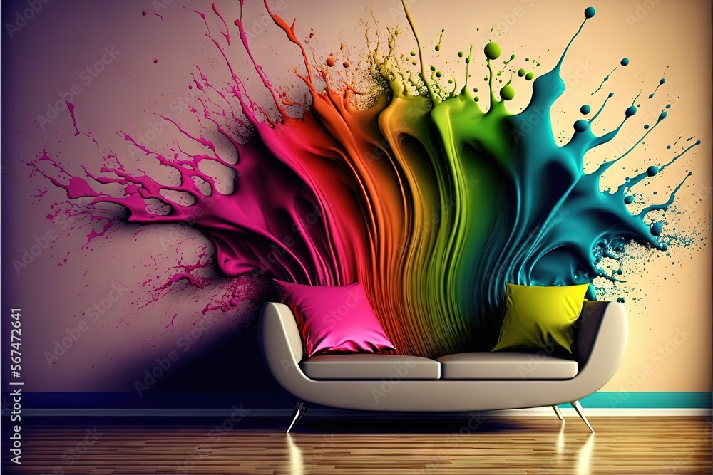 Poster a couch with a colorful splash of paint on the back of it and a pillow on the back of the couch in f