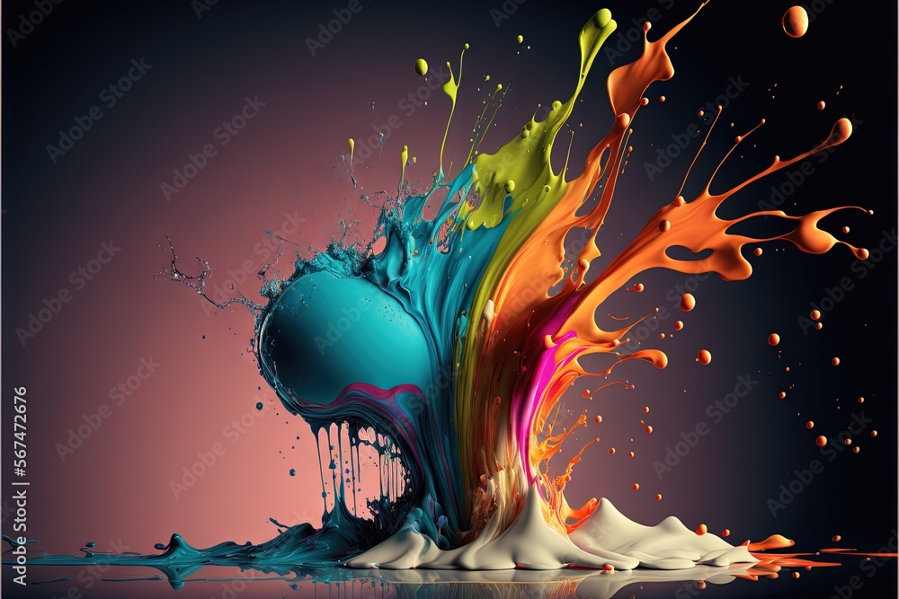 Poster a heart shaped splash of paint on a black background with a pink and blue background and a red and y