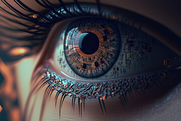 Female eye with cyberpunk implant of super vision. Close up eye with long eyelashes. Generative AI