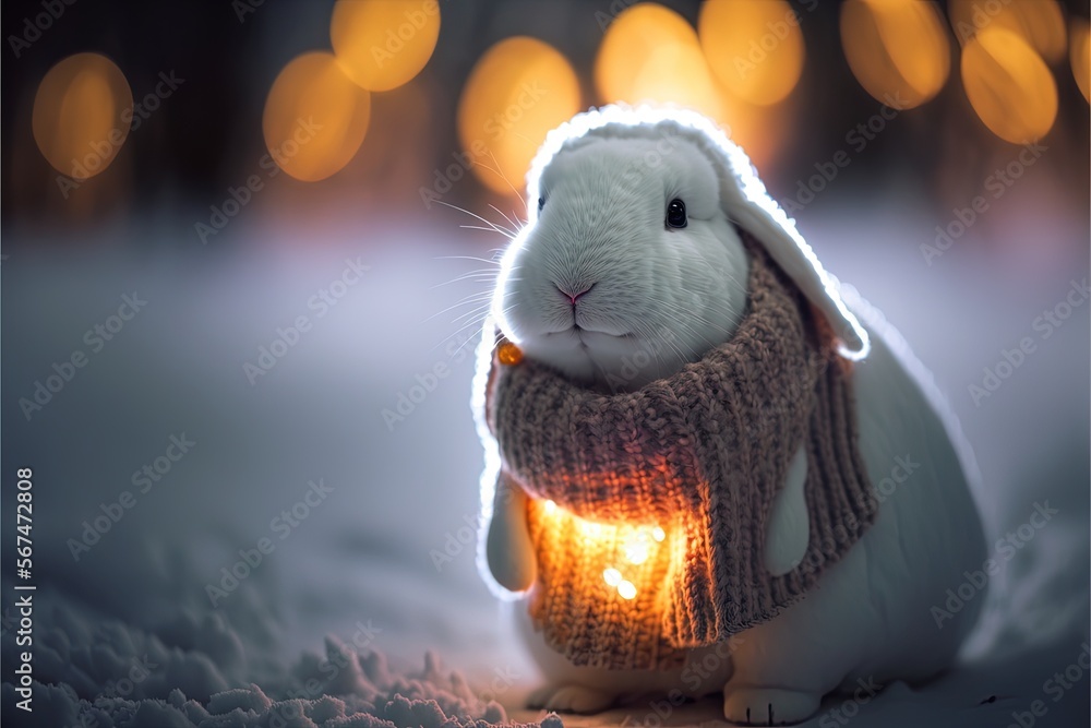 Poster a white rabbit wearing a sweater and holding a lantern in the snow with a blurry background of light