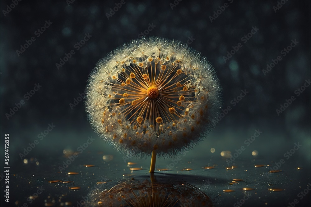 Poster  a dandelion is sitting on a reflective surface with water droplets around it and a dark background with a few drops of light on the dandelion.  generative ai