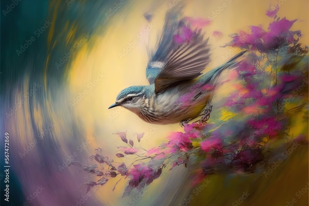 Poster a painting of a bird on a branch with flowers in the foreground and a blurry image of a tree in the 