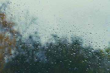 Drops on glass after rain. Autumn weather outside window. Rain outside window.