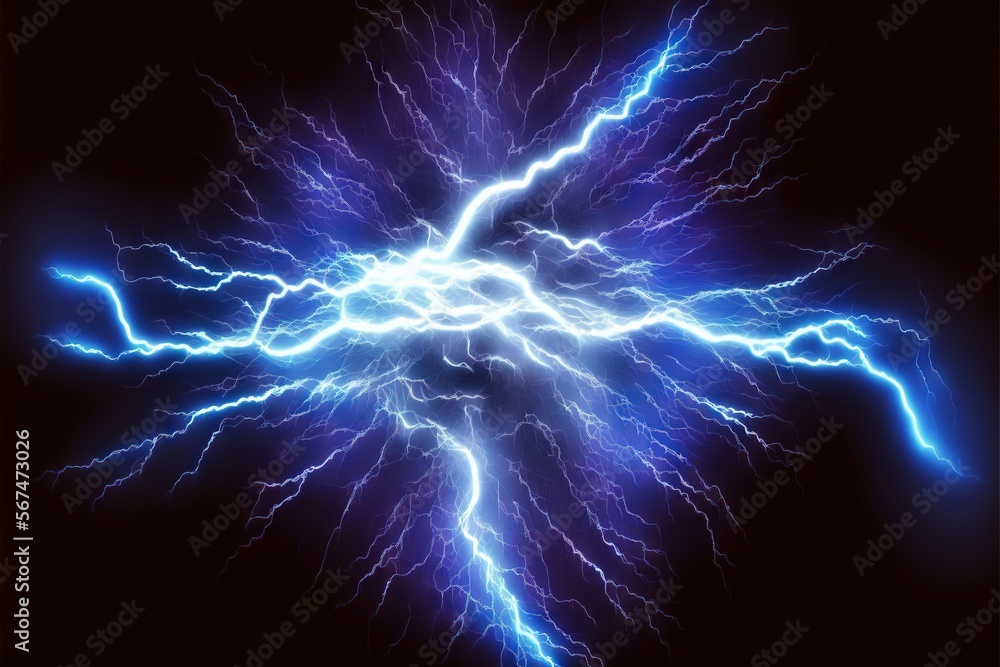 Aufkleber a blue and white lightning bolt in the night sky with a black background and a red frame around the 