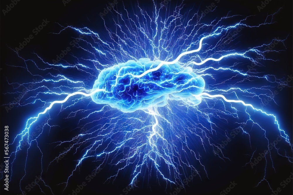 Poster a brain is surrounded by lightning in the dark night sky, with a black background and a blue hued im