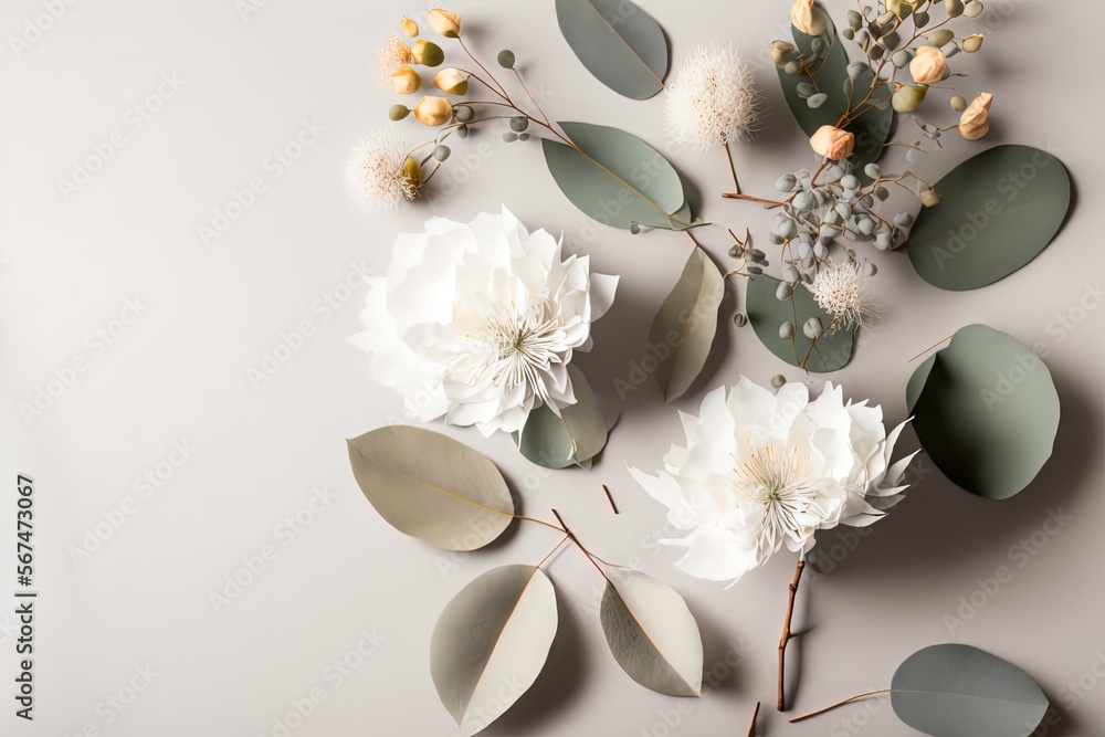 Poster a bunch of flowers and leaves on a white surface with a gray background and a white background with 