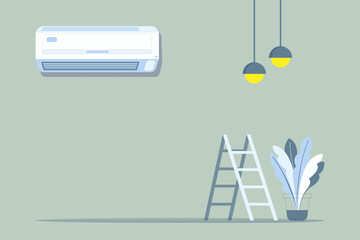 Air conditioner background isolated on green background. Adjusting the room temperature to cool. Vector illustrations in flat design. 