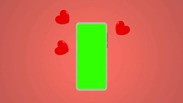 Tel&eacute;fono movil con pantalla verde para colocar texto o im&aacute;genes con corazones saliendo del centro y un fondo rosa suave