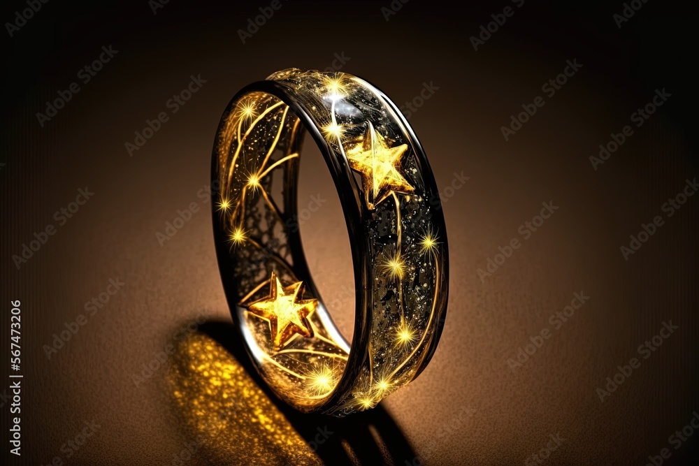 Poster a gold ring with stars on it and a shadow on the ground in the dark room with a light shining on it 