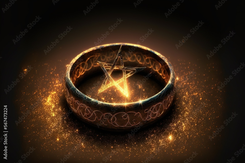 Poster a gold ring with a star of david on top of it in the middle of a dark background with stars of david