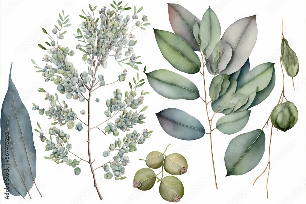 Poster a watercolor painting of different types of leaves and branches on a white background with a white b