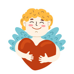 Amur baby with heart. Funny cupid, little angel. Cute Greece kid with heart hunters romantic vector character. Valentines day illustration