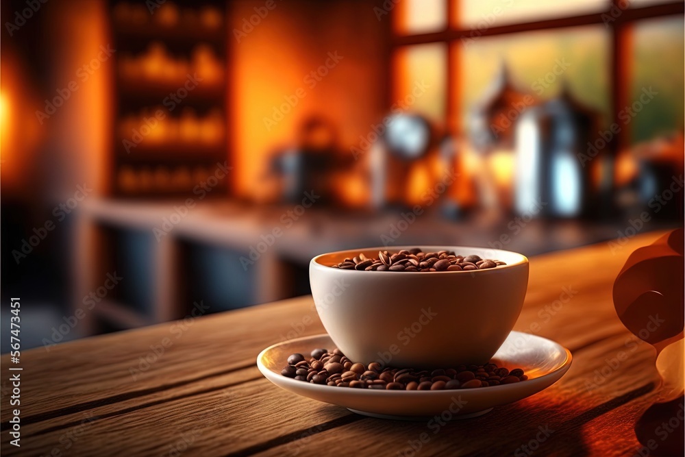 Poster a cup of coffee sits on a table in front of a window with a view of a kitchen and a fireplace in the