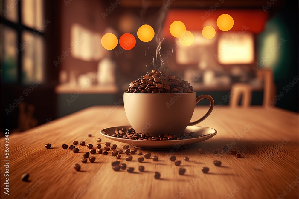 Poster a cup of coffee with steam rising out of it on a saucer on a wooden table in front of a blurry backg