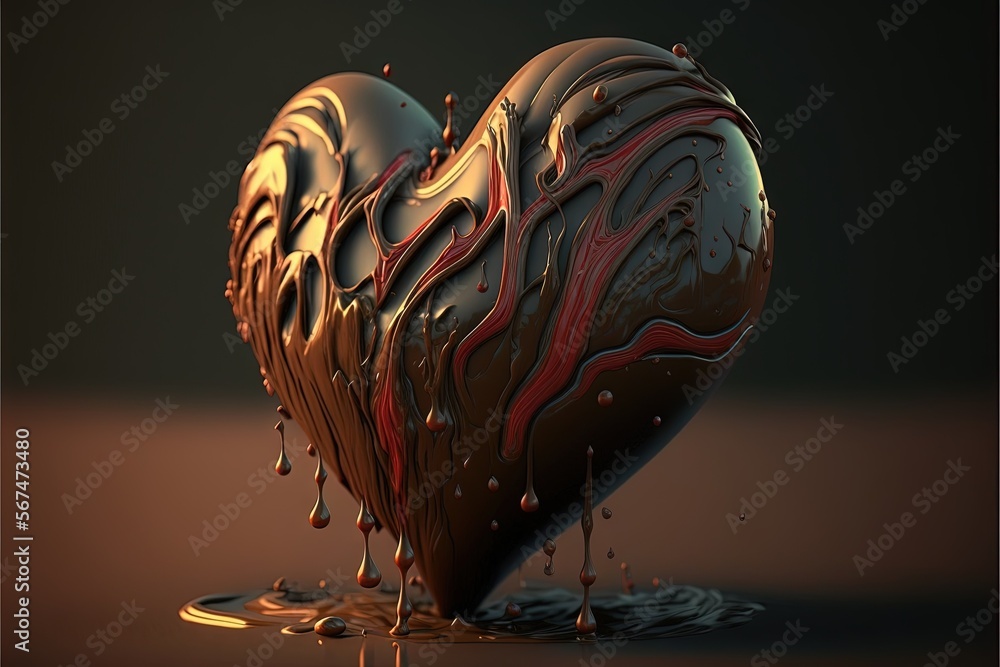Poster a heart shaped object with a liquid splashing on the ground in the middle of the image, with a dark 