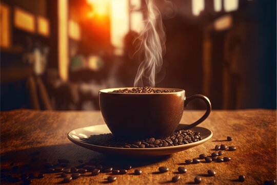  A Cup Of Coffee With Steam Rising Out Of It On A Saucer On A Wooden Table With Coffee Beans Scattered Around It And A Window In The Background.  Generative Ai