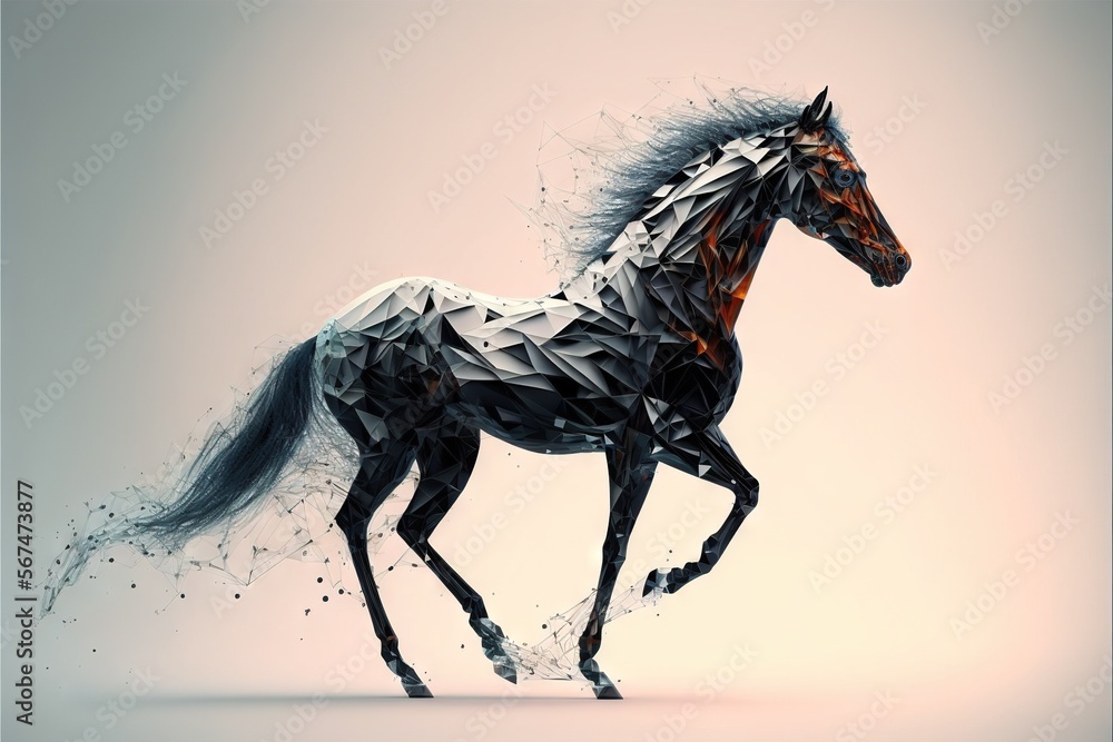 Poster a horse made up of geometric shapes on a gray background with a white background and a black horse r