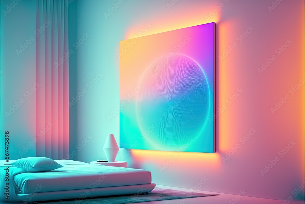 Poster a room with a bed and a painting on the wall and a table with a vase on it and a lamp on the floor i