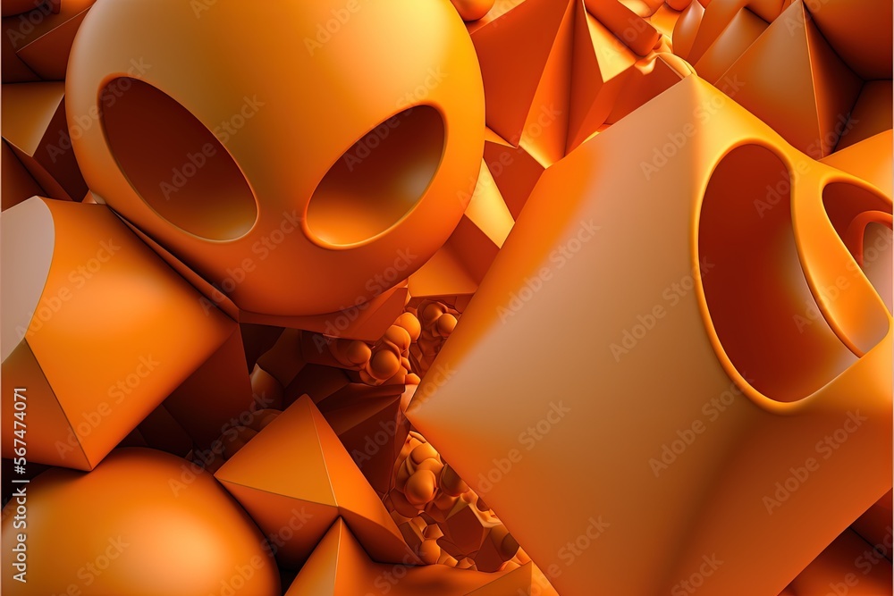 Poster an abstract orange background with a lot of shapes and sizes to it's right and left side, with a lar