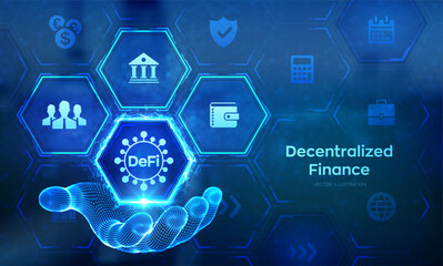 DeFi. Decentralized Finance. Blockchain, decentralized financial system. Business technology concept concept in wireframe hand. Vector illustration.