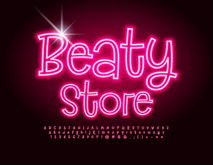 Vector glowing sign Beauty Store.  Modern Neon Font. Funny Electric Alphabet Letters and Numbers set