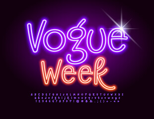 Vector funny Sign Vogue Week. Bright Neon Font. Electric light Alphabet Letters and Numbers set.