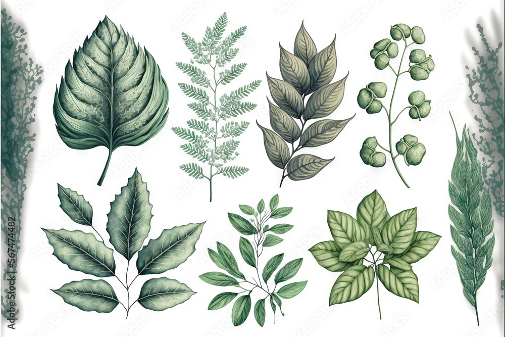 Poster a bunch of different types of leaves on a white background with a green border around them and a gre