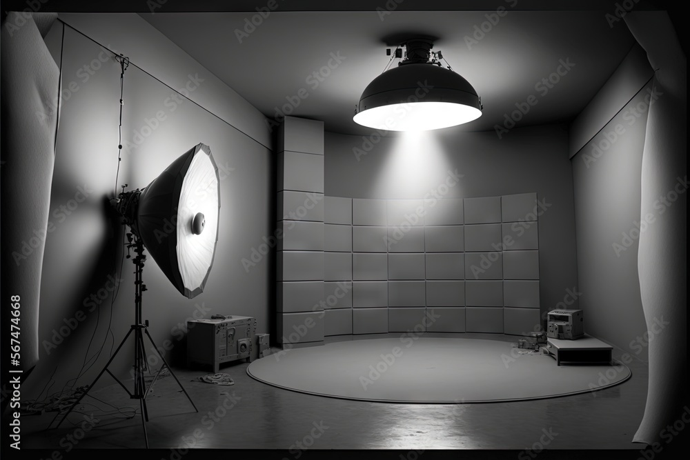 Poster a room with a light and a camera in the middle of it and a light on the wall above it and a light on