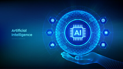 AI. Artificial Intelligence in the shape of sphere with hexagon grid pattern in wireframe hand. Machine Learning Concept. Big data. Neural networks. AI and virtual technology. Vector illustration.