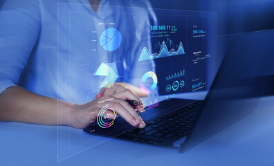 Data management and business analytics system. Financial management technology.Advisor using KPI Dashboard on virtual screen. KPI indicators and digital marketing analysis.
