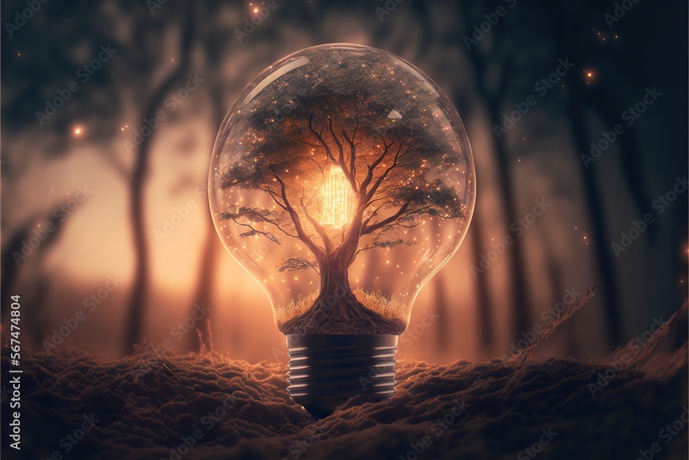 Poster a light bulb with a tree inside of it in the middle of a field of snow and stars in the sky above it