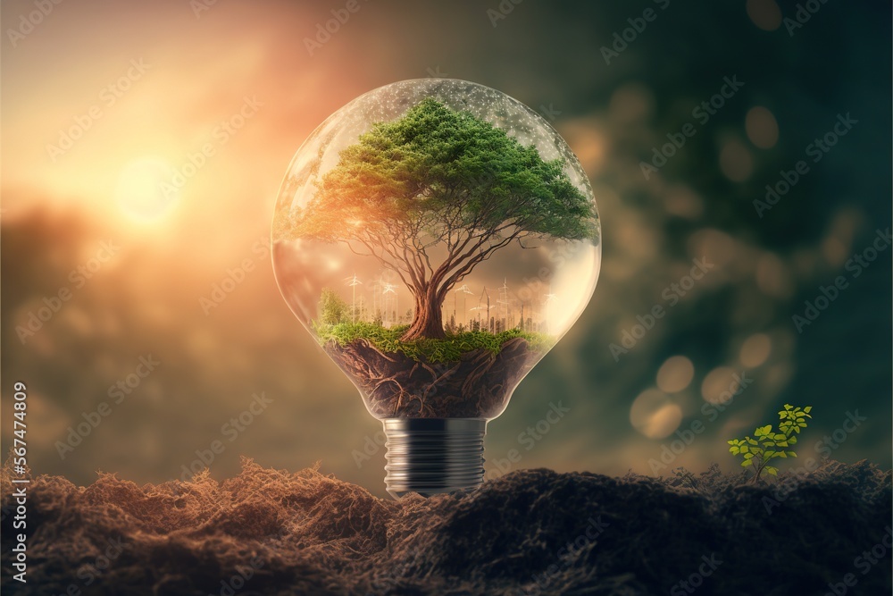 Poster a light bulb with a tree inside of it on top of dirt and dirt in front of a sunlit sky with a tree i