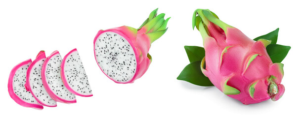 Dragon fruit, Pitaya or Pitahaya with leaf isolated on white background. Top view. Flat lay