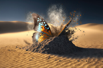 Detail of a butterfly rising violently from the sand
