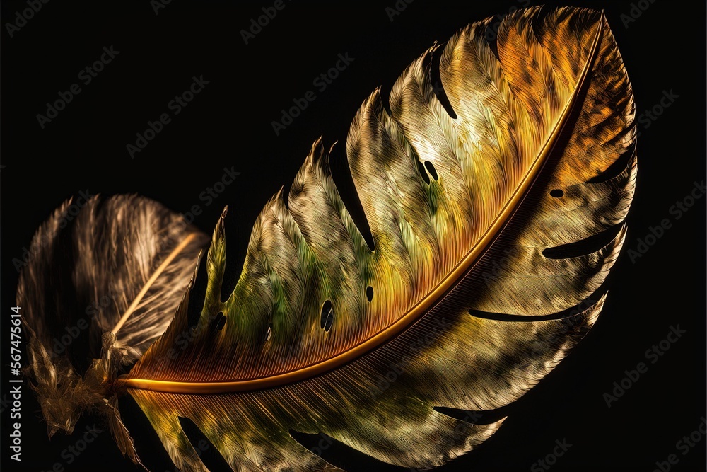Poster a close up of a yellow and brown feather on a black background with a black background and a black b