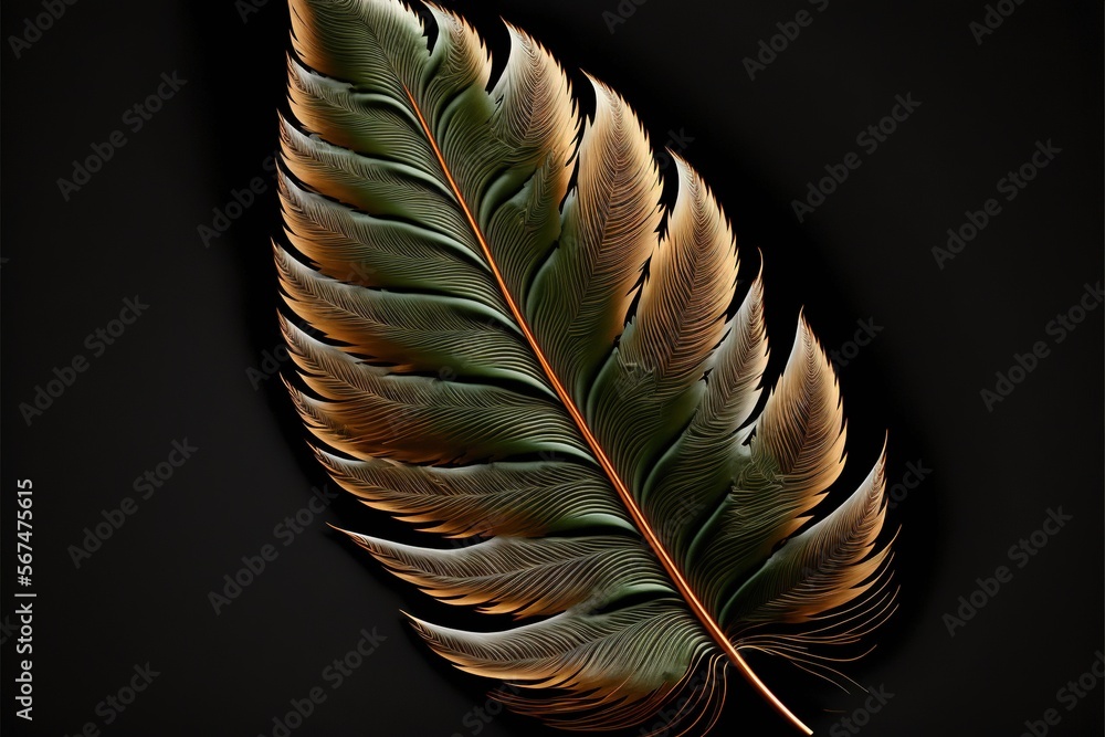 Poster a close up of a leaf on a black background with a light reflection on the back of the leaf and the b