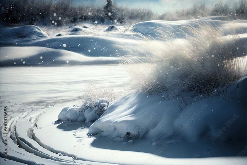 Poster a painting of a snowy landscape with a stream of water in the foreground and trees in the background