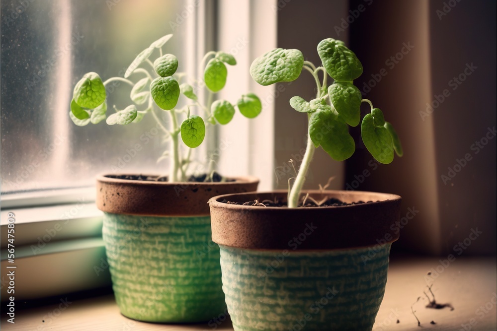 Poster a couple of plants that are sitting in a window sill in front of a window sill with a window sill in