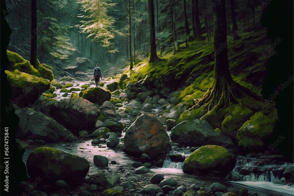Poster  a man standing in a forest next to a stream with rocks and mossy trees on the side of the stream and rocks in the foreground.  generative ai