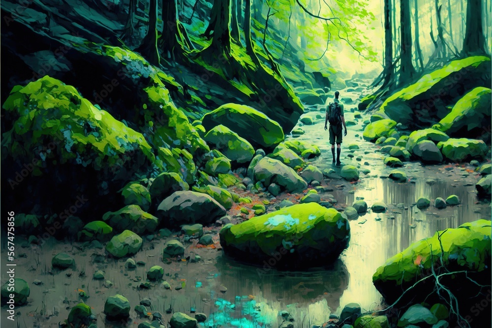 Poster a painting of a man standing in a forest next to a stream with rocks and moss on the ground and a st