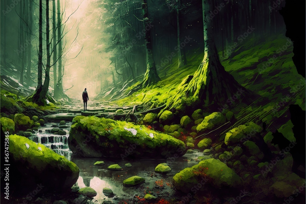 Poster a painting of a man standing on a mossy path in a forest with a stream running through the middle of