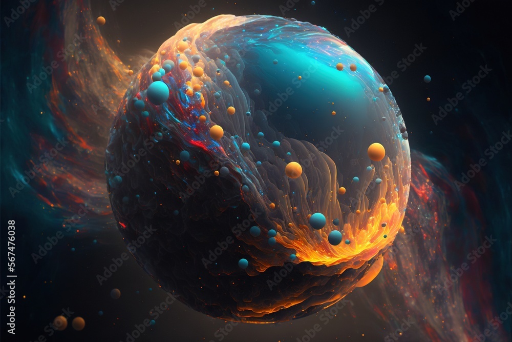 Poster a computer generated image of a ball of fire and water with bubbles and bubbles in the center of the