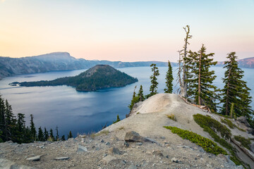 Wizard Island on Crater Lake at Sunset